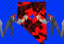 Four faceless businessmen pouring buckets of money onto a red map of Nevada against a blue starry background.
