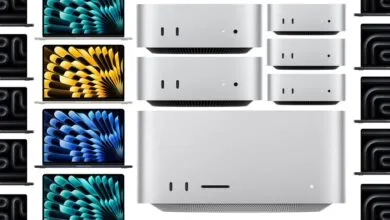 Collection of Apple Mac mini computers and MacBook laptops arranged on white background
