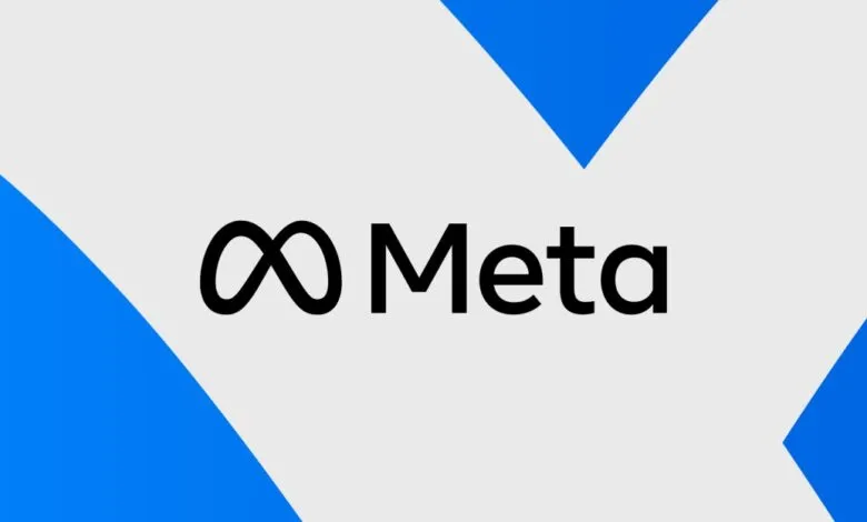 Meta logo with the infinity symbol on a grey background with blue geometric shapes
