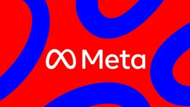 Meta logo featuring white text and infinity symbol on bright red background with blue abstract shapes