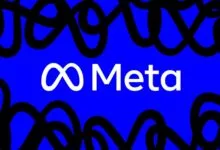 The white Meta logo centered on a vibrant blue background with thick black abstract scribbles framing it.