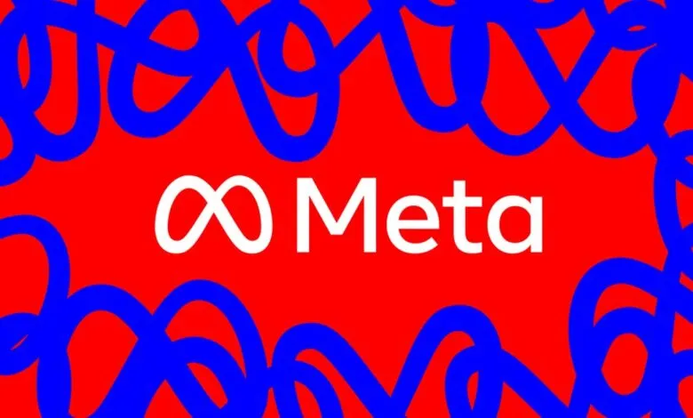 Meta logo in white centered on a vibrant red background framed by abstract blue scribbles