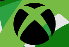 Black and green Xbox logo centered over a geometric background with various shades of green and white