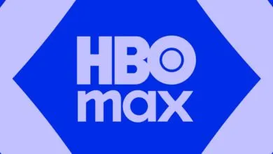 The HBO Max logo centered against a bright blue and light purple geometric background.