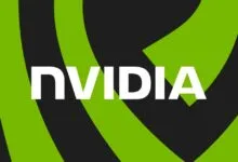 The white NVIDIA logo centered over curved green and black abstract background graphics.