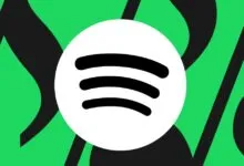 Spotify logo centered against a bright green background with large black musical notes.