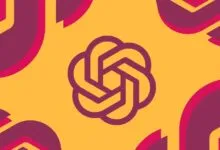 OpenAI logo centered on a vibrant yellow background with abstract purple and magenta geometric shapes.
