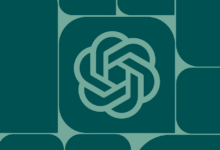 OpenAI logo centered on a teal background with interlocking rounded squares pattern.