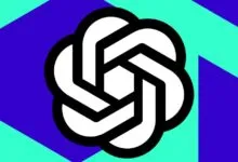 The OpenAI logo in white against a blue and turquoise geometric background.
