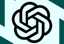 The dark OpenAI logo centered on a light teal background with abstract geometric shapes.