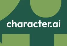 The white Character.ai logo centered on a dark and light green background with abstract shapes.