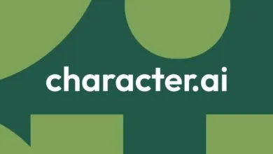 The white Character.ai logo centered on a dark and light green background with abstract shapes.