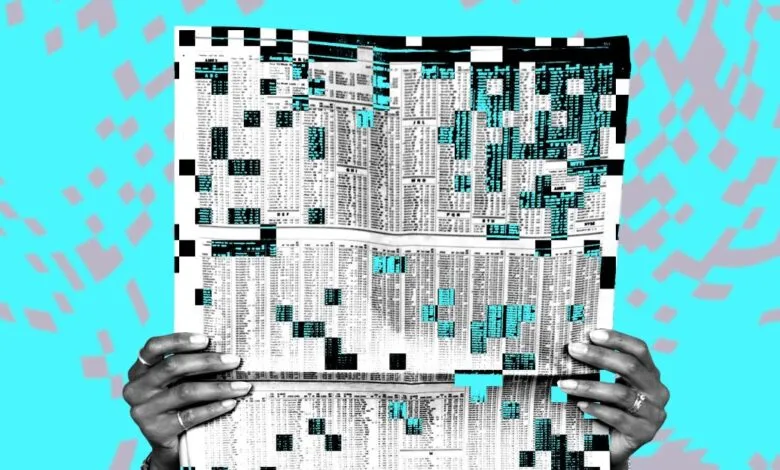 Hands holding a financial newspaper with digital glitch and pixelated corruption effects.