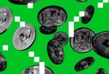 Monochrome cryptocurrency coins floating against a vibrant green background
