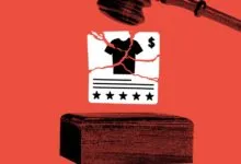 A gavel strikes a broken digital product listing with a t-shirt icon against a red background.