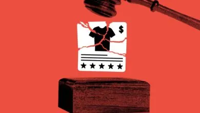 A gavel strikes a broken digital product listing with a t-shirt icon against a red background.