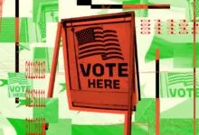 A stylized vote here sign with an American flag against a digital green background