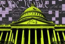 US Capitol building rendered in vibrant green against a dark background with text from the Constitution.