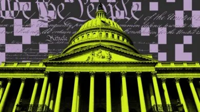 US Capitol building rendered in vibrant green against a dark background with text from the Constitution.