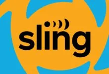 The bold black logo for Sling TV set against a vibrant orange and bright blue abstract background.
