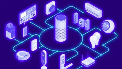 Isometric diagram of a smart home ecosystem connected to a central hub with glowing blue lines.