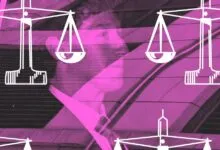 Meta CEO Mark Zuckerberg overlaid with white line-art scales of justice on magenta background