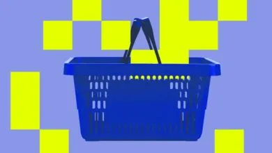 A blue plastic shopping basket against a purple background with yellow geometric shapes.