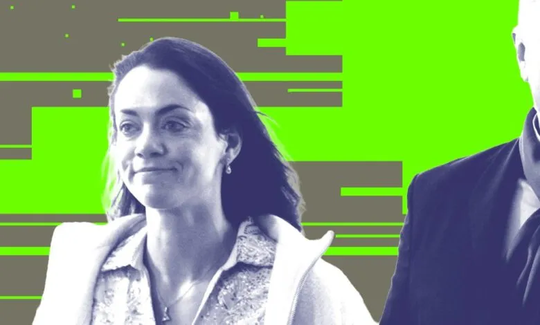 Shivon Zilis and Elon Musk portrayed in a stylized graphic with green and grey glitch art background