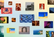 Collage of diverse photographs, digital art, and UI elements on a warm gradient background.