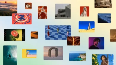 Collage of diverse photographs, digital art, and UI elements on a warm gradient background.