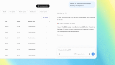 Screenshot of an expense dashboard alongside a ChatGPT interface processing an email receipt task.