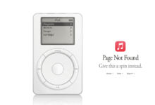 Classic white iPod with a monochromatic screen next to a 404 page not found error message.