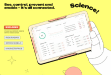 An illustrated hand holds a tablet displaying an AI security and risk management software dashboard.