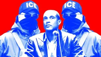Journalist Don Lemon speaking with blurred figures wearing ICE caps flanking him on a red background