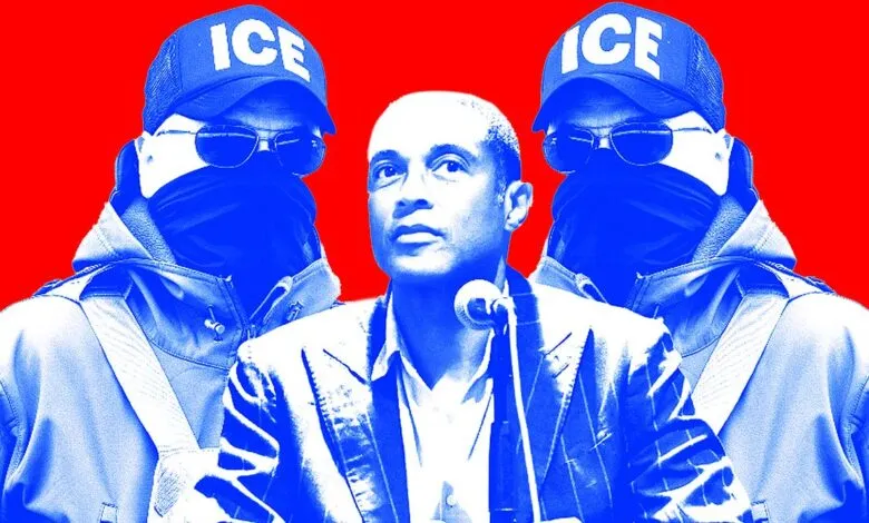 Journalist Don Lemon speaking with blurred figures wearing ICE caps flanking him on a red background
