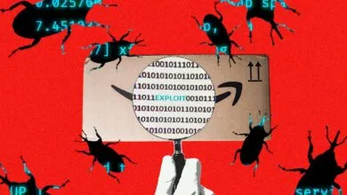 Cyber security concept showing glowing bugs and binary code on an Amazon package over red background