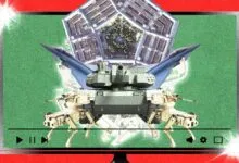 Collage of the Pentagon, military tank, and AI robot dogs overlaid on a video player interface.