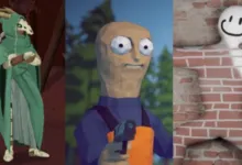 Three distinct characters from video games including a horned figure in a green cloak and a smiley brick wall.