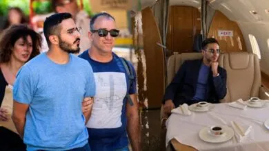 Split image showing Shimon Hayut, known as the Tinder Swindler, in custody and aboard a private jet.