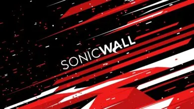 SonicWall logo set against a dynamic background of diagonal red, white, and black stripes.
