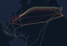 Map of the Pacific Ocean showing undersea communication cables connecting Asia and the Americas.