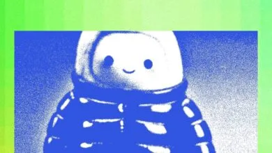 Stylized graphic of a cute, simple character wearing a puffy winter coat against a blue and green background.