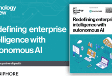 MIT Technology Review report cover titled Redefining enterprise intelligence with autonomous AI, produced with Uniphore.