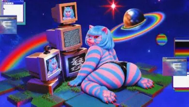 A surreal digital artwork featuring a blue and pink striped cat posing against a cosmic background with vintage computers.