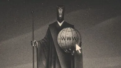 A dark, stylized figure holds a cracked globe marked www, accompanied by a mouse cursor.