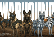 Five tactical military dogs wearing high-tech armor and goggles stand before a desert landscape.