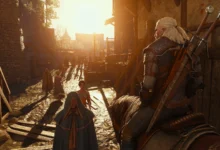Geralt of Rivia on horseback in a sunlit medieval village street from The Witcher 3