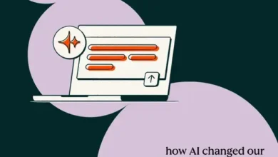 HubSpot graphic illustrating AI editorial processes with a laptop displaying text blocks