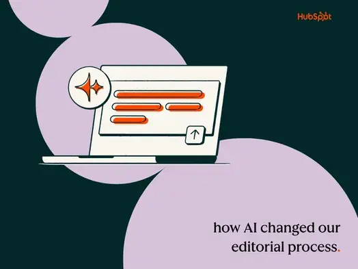 HubSpot graphic illustrating AI editorial processes with a laptop displaying text blocks
