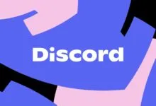 The white Discord logo text centered over abstract blue, pink, and black shapes.